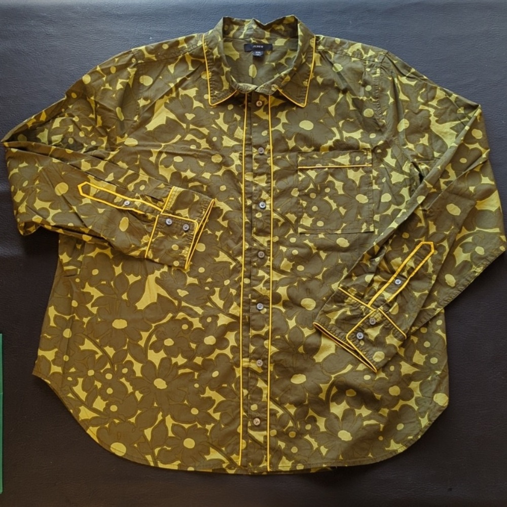 J. Crew Floral Button-Up Shirt with Yellow Piping Accent XXL